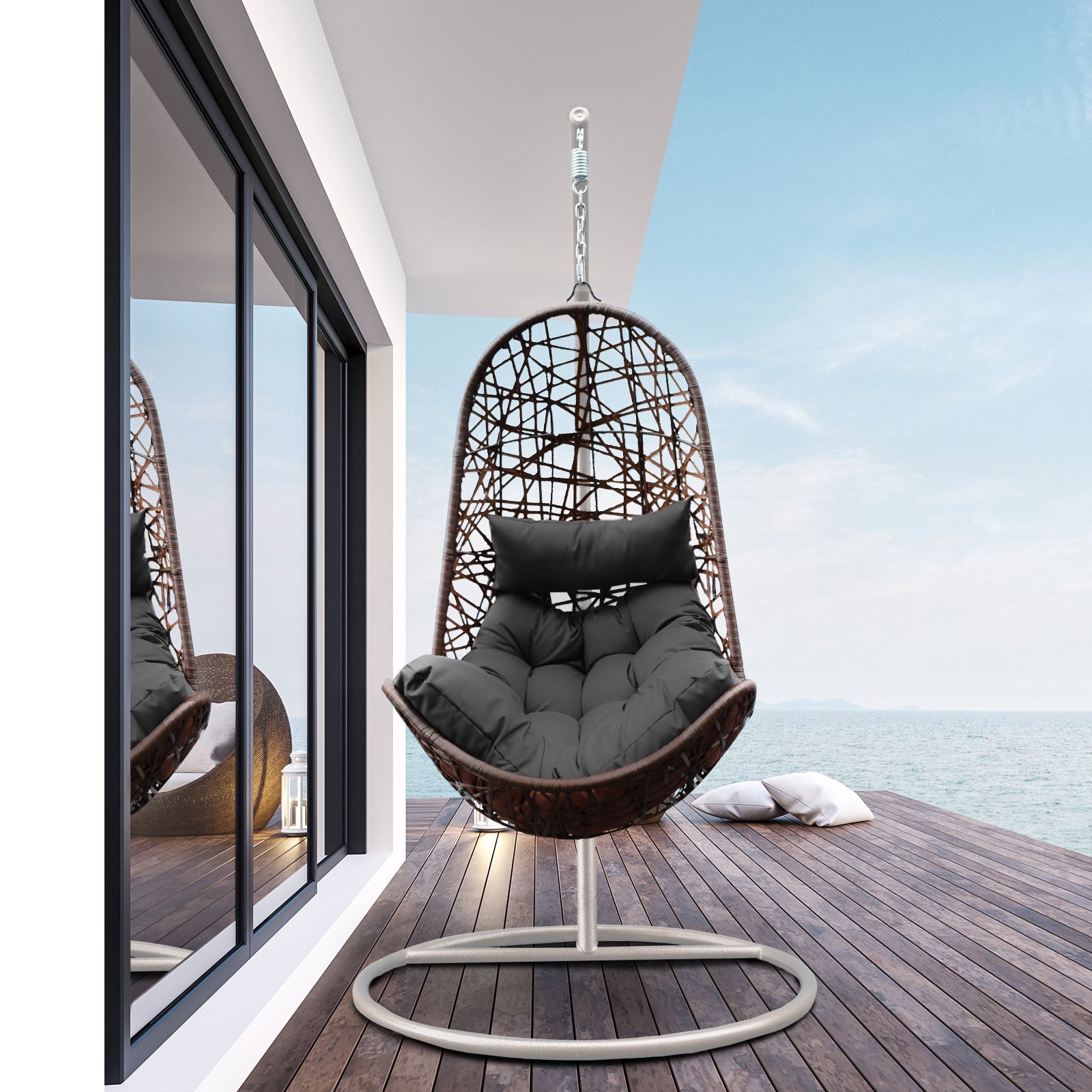Arcadia Furniture Hanging Basket Egg Chair Outdoor Wicker Rattan Patio Garden-Outdoor Chairs &amp; Lounges-PEROZ Accessories