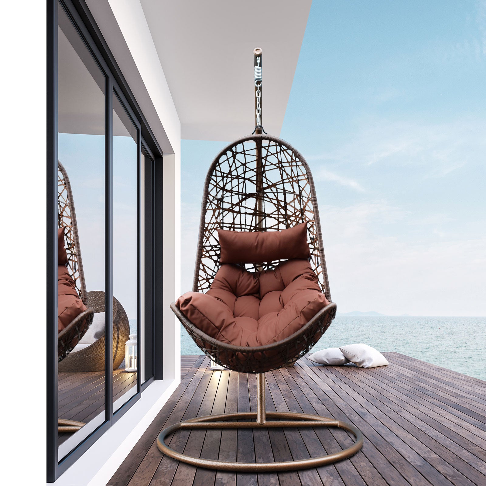 Arcadia Furniture Hanging Basket Egg Chair Outdoor Wicker Rattan Patio Garden-Outdoor Chairs &amp; Lounges-PEROZ Accessories