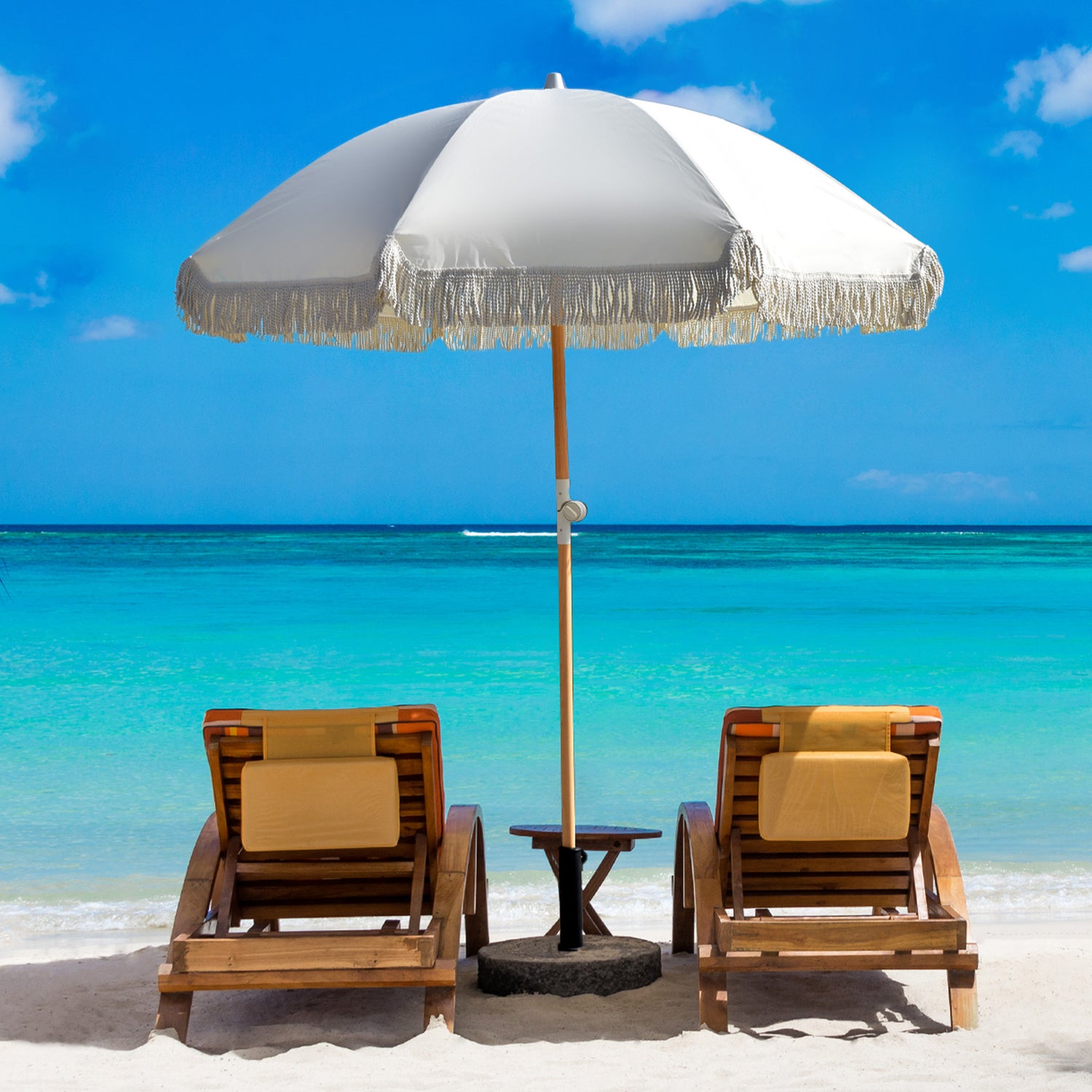 Havana Outdoors Beach Umbrella Portable 2 Metre Fringed Garden Sun Shade Shelter-Outdoor Umbrellas-PEROZ Accessories