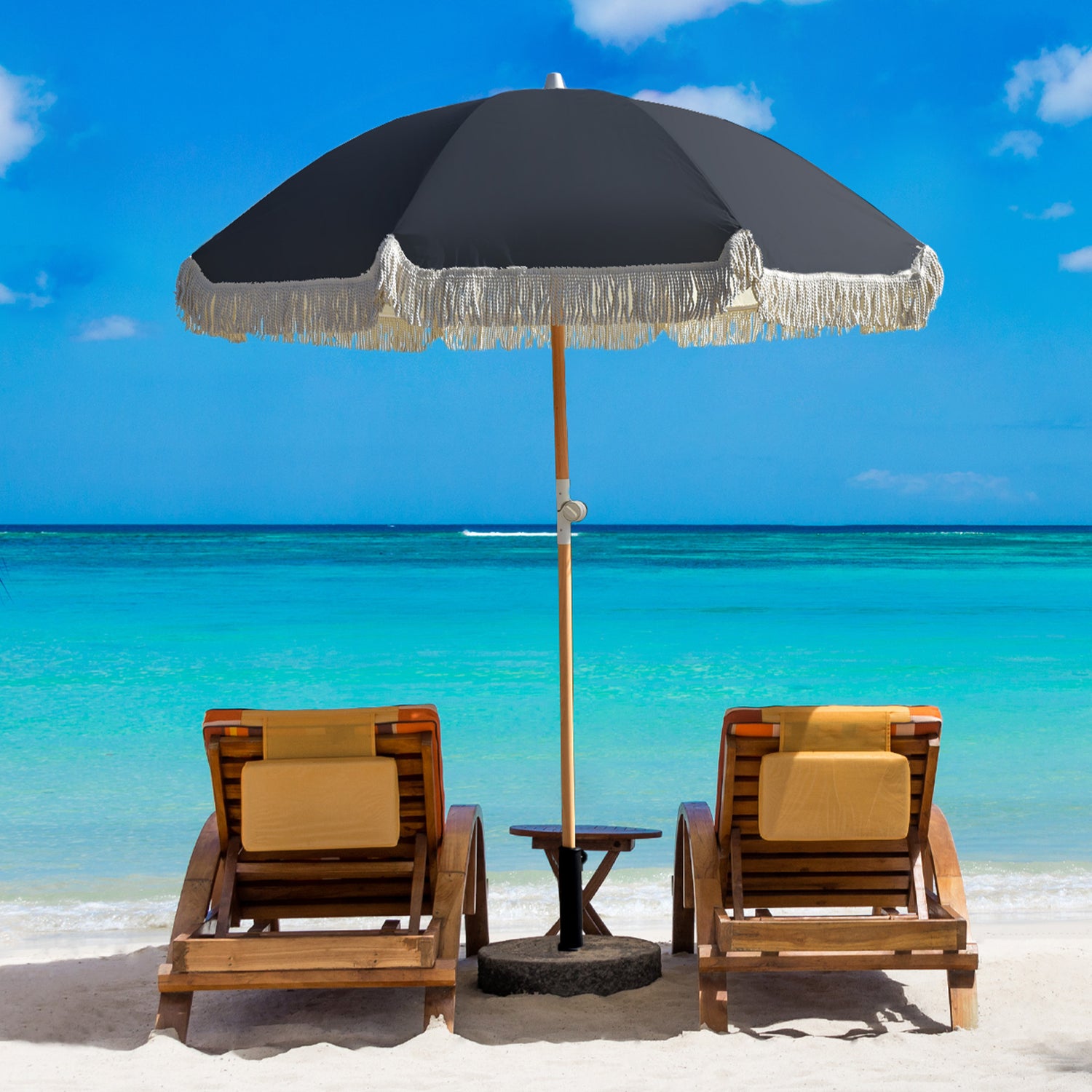 Havana Outdoors Beach Umbrella Portable 2 Metre Fringed Garden Sun Shade Shelter-Outdoor Umbrellas-PEROZ Accessories