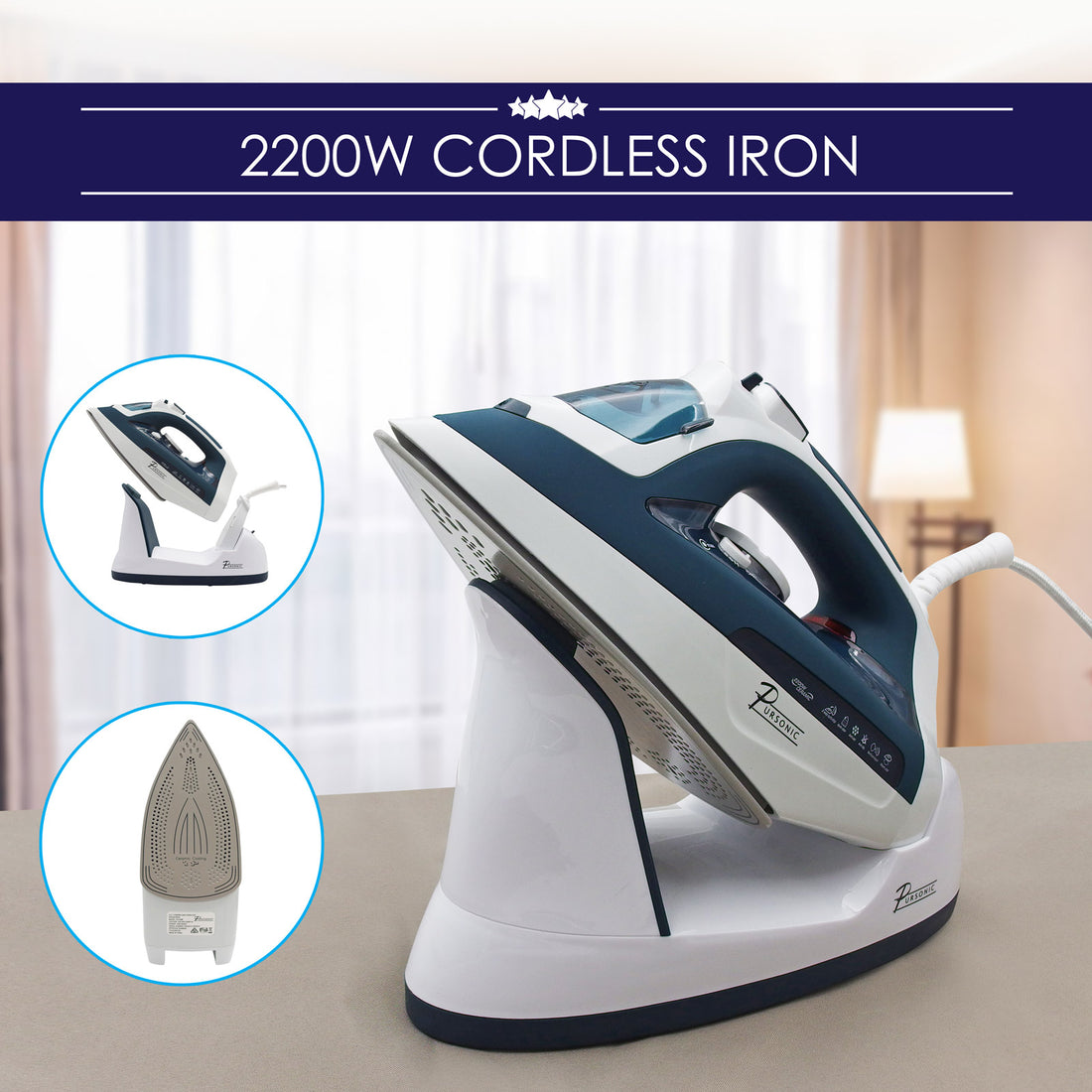 Pursonic Electric Cordless Steam Iron Portable Corded Cordless 2200W-Small Home Appliances-PEROZ Accessories