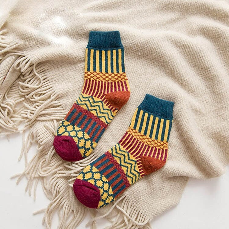 Anysox 5 Pairs Size 5-9 Fashion Socks Colorful Wind-Flowers Cotton Winter Thick Warm Wool Casual for Women Dark Blue-Socks-PEROZ Accessories