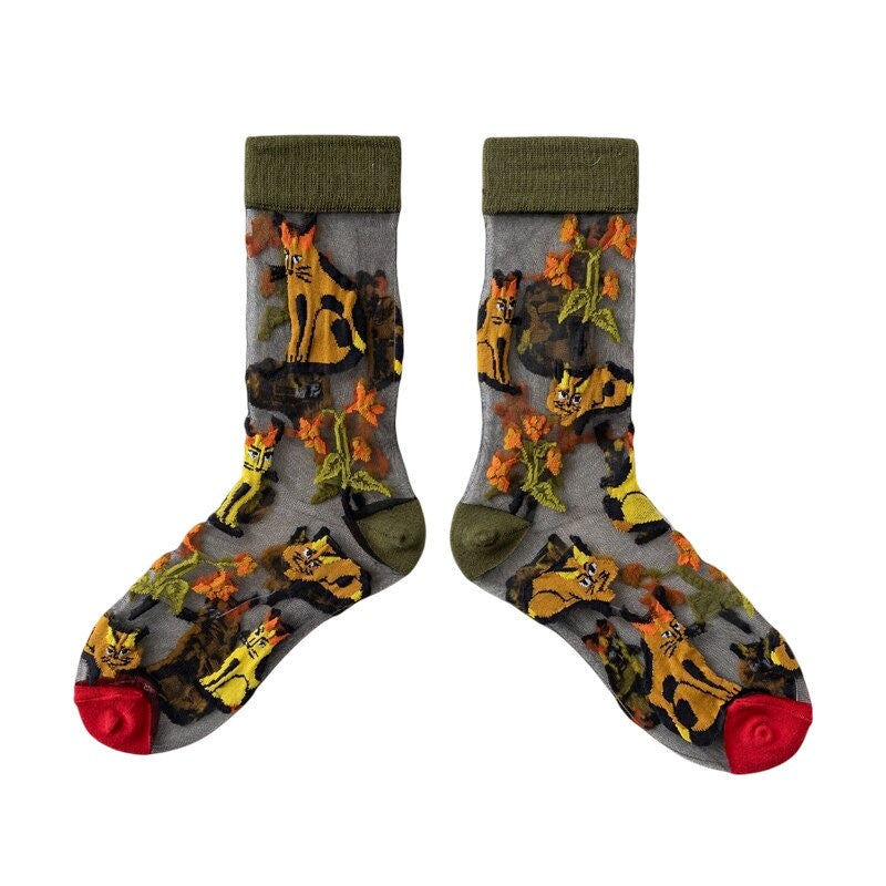 Anysox 5 Pairs Army Green Size 5-9 Sock Harajuku Crystal Silk Tide Socks With Flower Vines Comfortable To Wear Prefect For Women-Socks-PEROZ Accessories