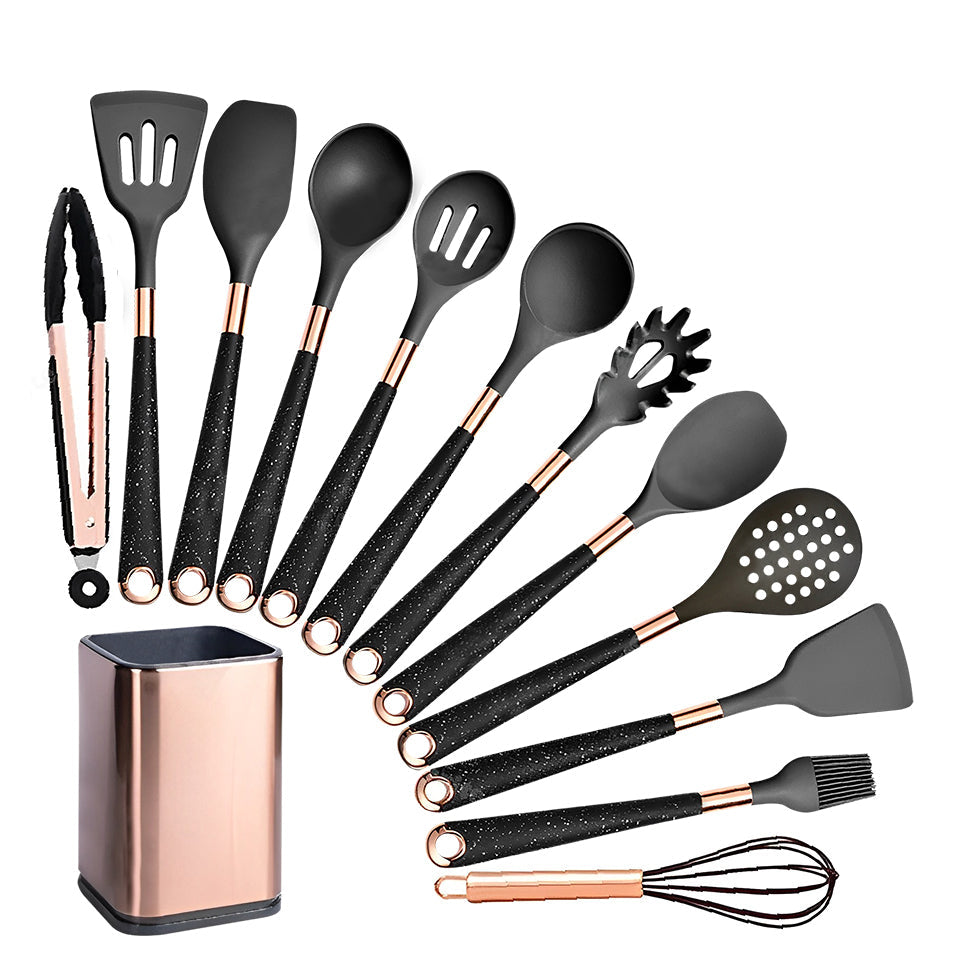 Anygleam Kitchen Utensils Non-stick Black 12 Set Gold Plated Handle with Support Point and Storage Box Cooking Tool Accessories Heat Resistant Kitchenware-Spatula and Shovel-PEROZ Accessories