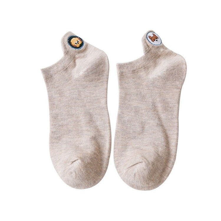 Anysox 5 Pairs One Size 4-5 Khaki Fashion Funny Unisex Stereoscopic Heel Embroidered Women Candy Color Cotton Short Cute Socks-Socks-PEROZ Accessories