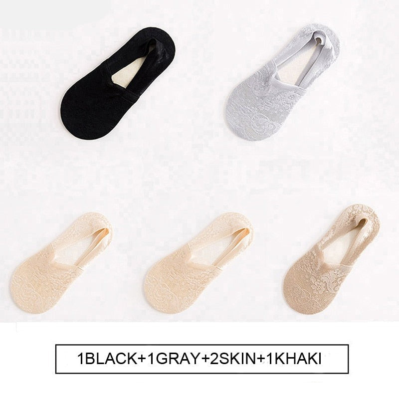 Anysox 5 Pairs Size 5-9 Fashion Socks Lace Flower Style Breathable Antiskid Invisible Ankle Socks for Women (1 Black, 1 Grey, 2 Skin, 1 Khaki)-Socks-PEROZ Accessories