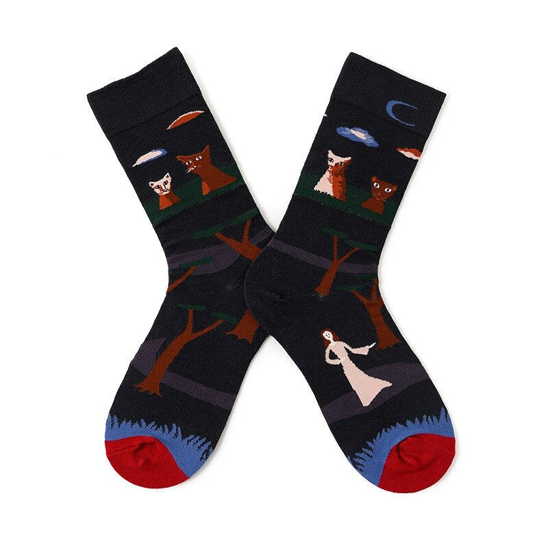 Anysox 5 Pairs Size 5-9 Fashion Socks Combed Cotton Art Abstract Forest Oil Painting Novelty Happy Funny Christmas Gift for Women-Socks-PEROZ Accessories