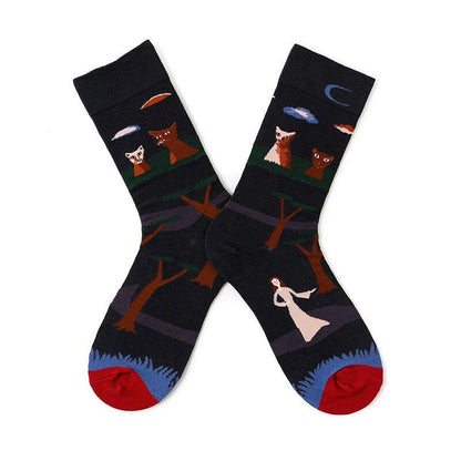 Anysox 5 Pairs Size 5-9 Fashion Socks Combed Cotton Art Abstract Forest Oil Painting Novelty Happy Funny Christmas Gift for Women-Socks-PEROZ Accessories