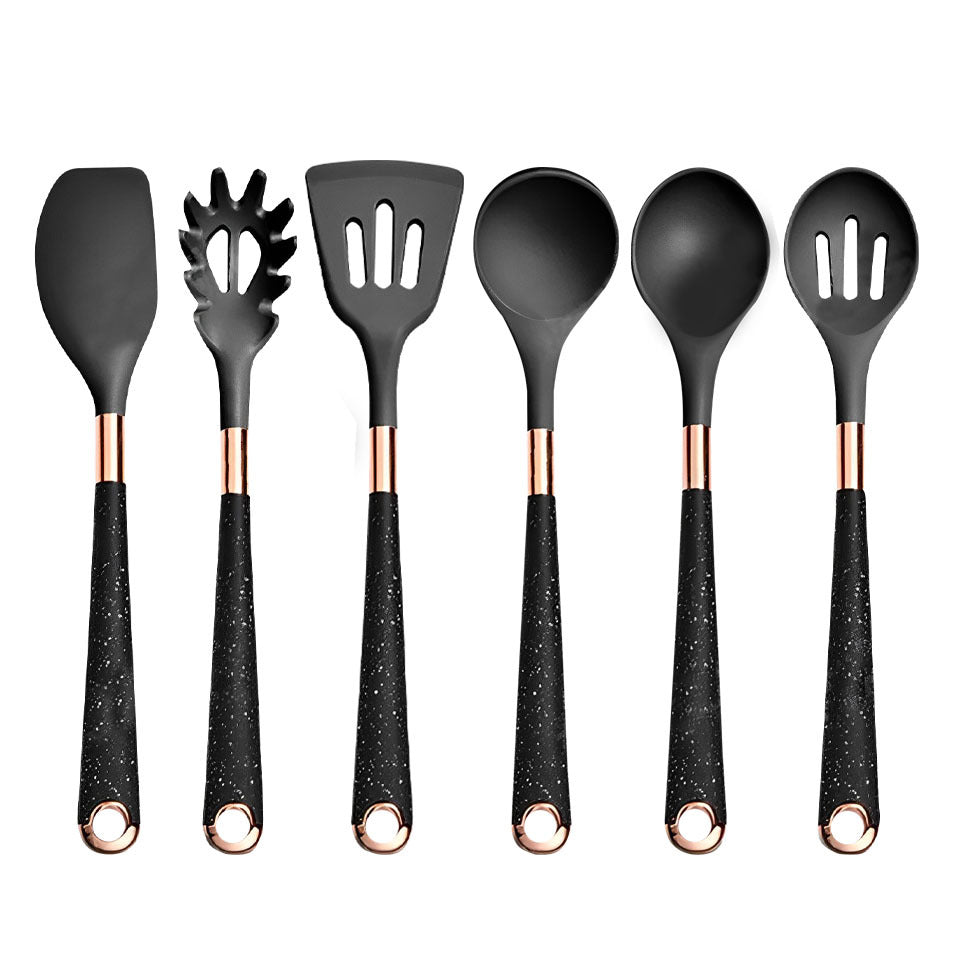 Anygleam Kitchen Utensils Non-stick Black 6 Set Gold Plated Handle with Support Point Cooking Tool Accessories Heat Resistant Kitchenware-Spatula and Shovel-PEROZ Accessories