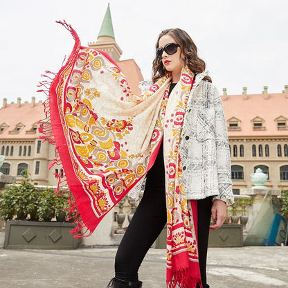 Anyyou 100% Merino Wool Red White Gold Silk Satin Large Winter Scarf Pashmina Shawl Bandana Perfect For Women Ladies Fashion Style-Scarves-PEROZ Accessories