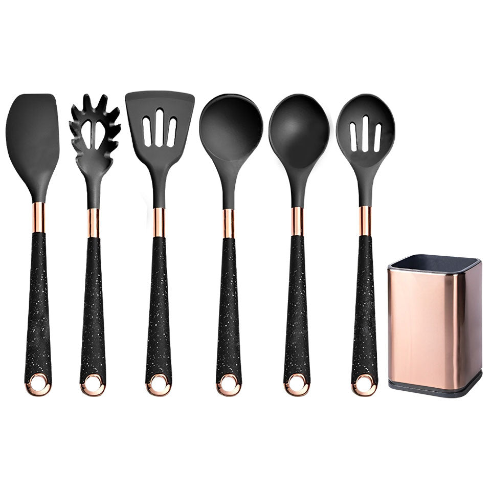 Anygleam Kitchen Utensils Non-stick Black 6 Set Gold Plated Handle with Support Point and Storage Box Cooking Tool Accessories Heat Resistant Kitchenware-Spatula and Shovel-PEROZ Accessories