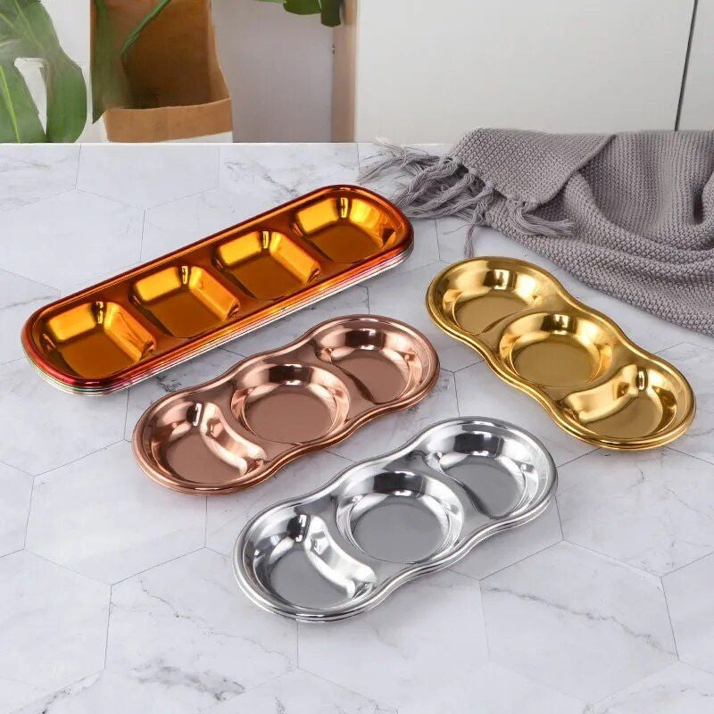 Anygleam Rose Gold Stainless Steel 3 Grid Seasoning Sauce Dish Plates Dipping Kitchenware-Kitchen &amp; Dining-PEROZ Accessories