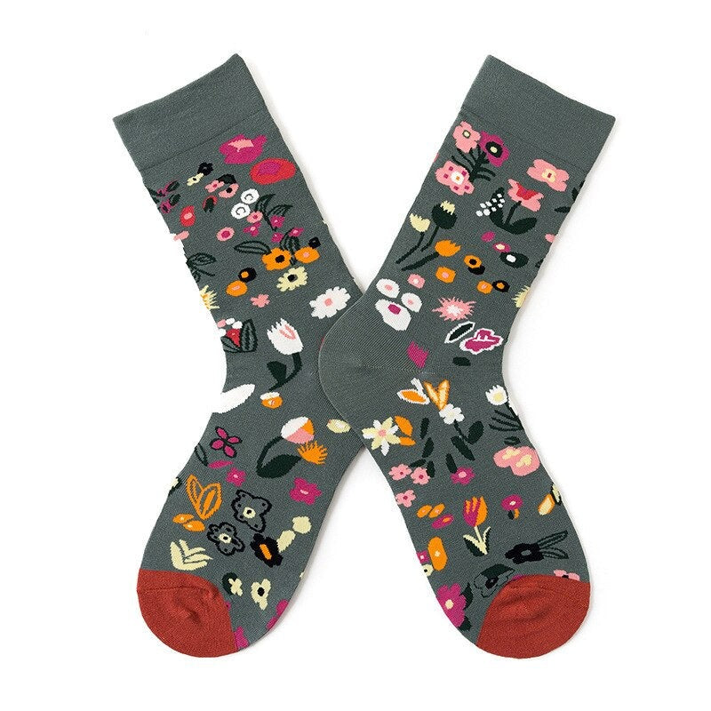 Anysox 5 Pairs Size 5-9 Fashion Socks Combed Cotton Art Abstract Garden Oil Painting Novelty Happy Funny Christmas Gift for Women-Socks-PEROZ Accessories