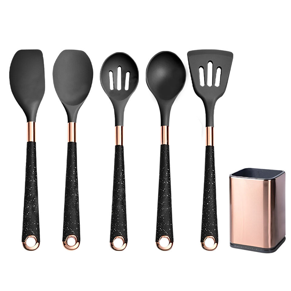 Anygleam Kitchen Utensils Non-stick Black 5 Set Gold Plated Handle with Support Point and Storage Box Cooking Tool Accessories Heat Resistant Kitchenware-Spatula and Shovel-PEROZ Accessories
