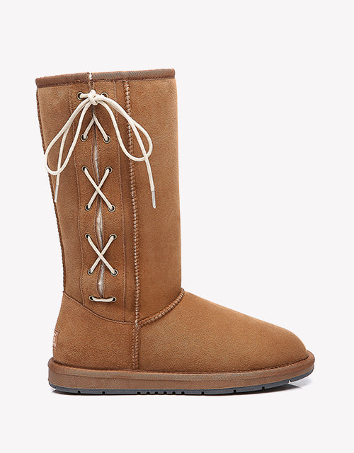 Australian Shepherd UGG Boots Australia Double Face Sheepskin Tall Side Lace Up Boots-Boots-PEROZ Accessories