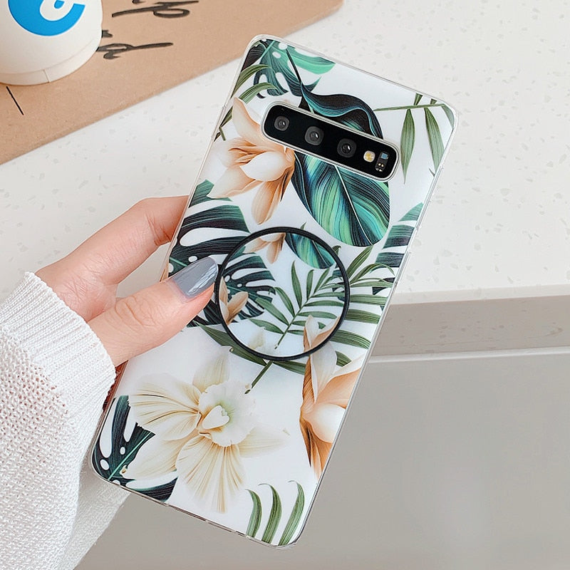 Anymob Samsung Case Green Floral Design Art Leaf Flower Silicon With Holder Stand Phone Cover-Mobile Phone Cases-PEROZ Accessories