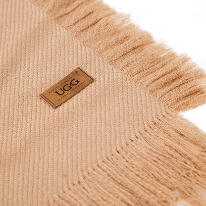 Ugg Fringed Check Wool Scarf Camel-Scarves-PEROZ Accessories