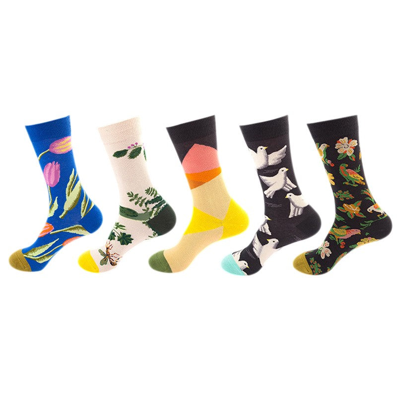 Anysox 5 Pairs One Size 5-11 Mixed Color Set Christmas Socks Bird Cotton Fashion Woman Skateboard Oil Paitiing-Socks-PEROZ Accessories