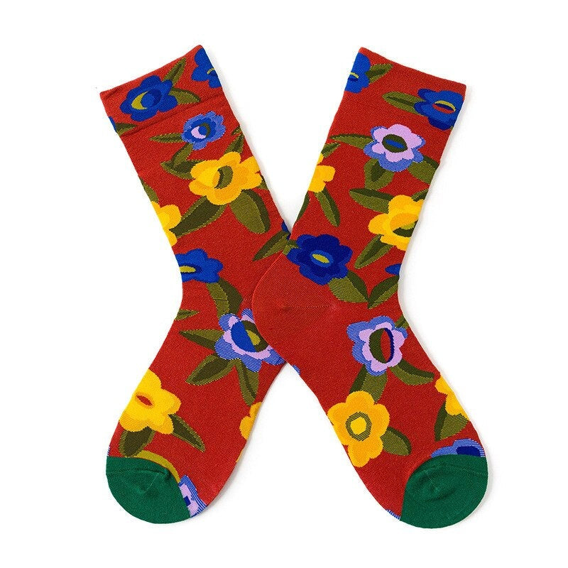 Anysox 5 Pairs Size 5-9 Fashion Socks Combed Cotton Art Abstract Flower Oil Painting Novelty Happy Funny Christmas Gift for Women-Socks-PEROZ Accessories