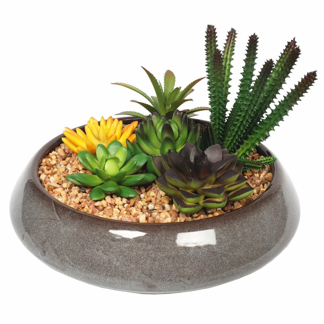 Potted Artificial Succulents with Round Decorative Bowl 19cm-Home &amp; Garden &gt; Artificial Plants-PEROZ Accessories