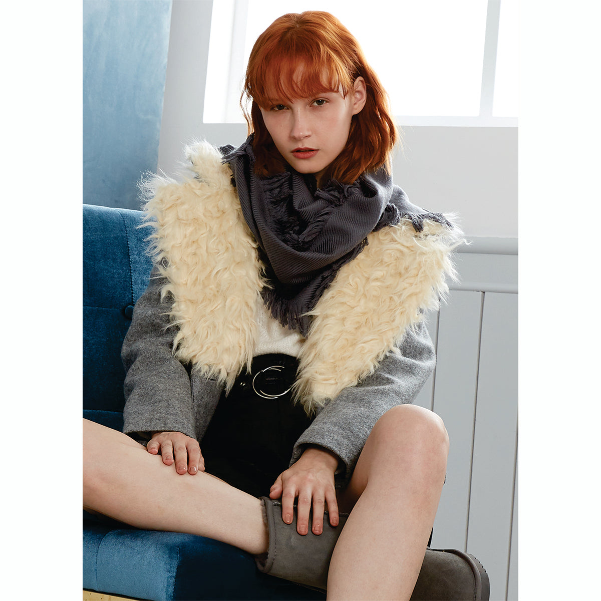 Ugg Fringed Check Wool Scarf Grey-Scarves-PEROZ Accessories