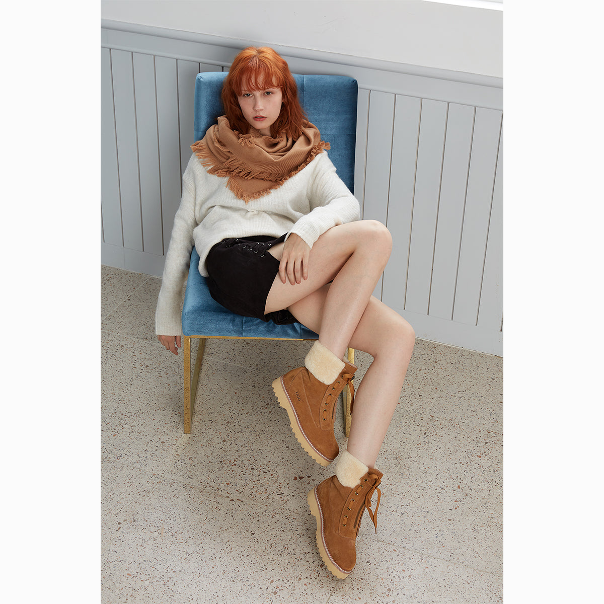 Ugg Fringed Check Wool Scarf Camel-Scarves-PEROZ Accessories
