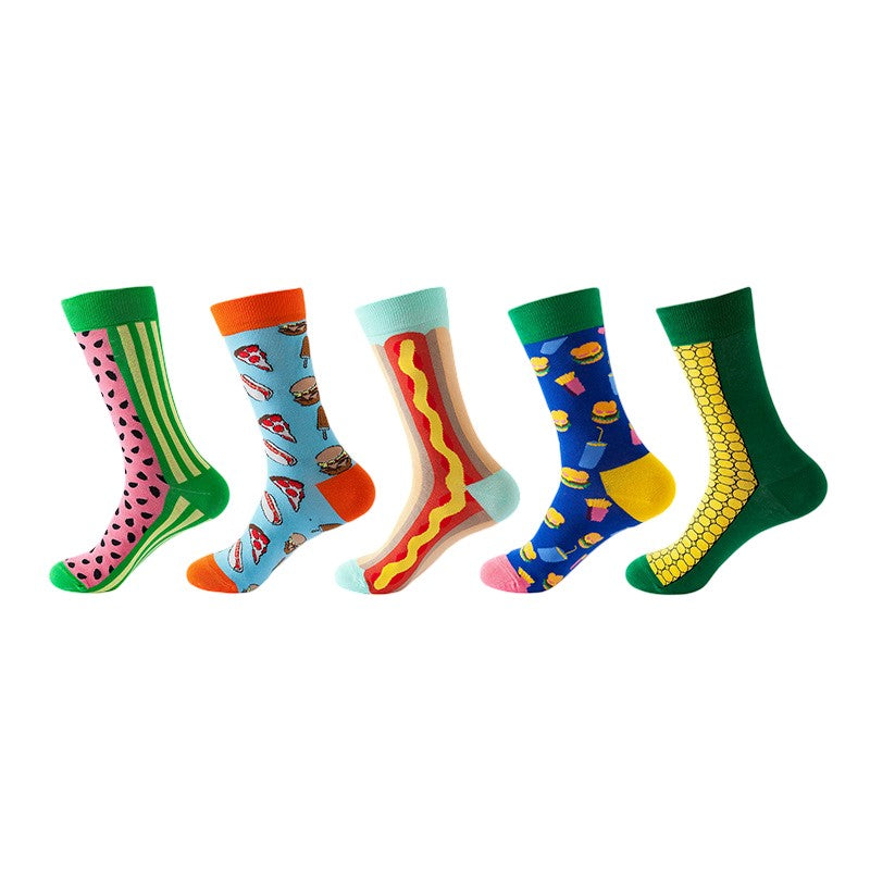 Anysox 5 Pairs One Size 5-11 Mixed Color Set Christmas Socks Cotton Fashion Fast food Woman Skateboard Oil Paitiing-Socks-PEROZ Accessories