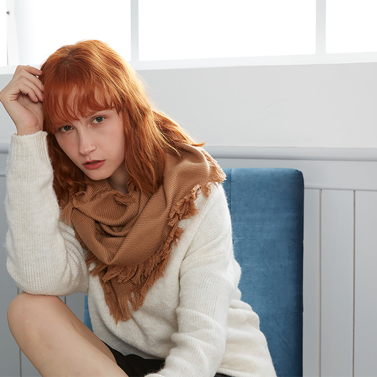 Ugg Fringed Check Wool Scarf Camel-Scarves-PEROZ Accessories