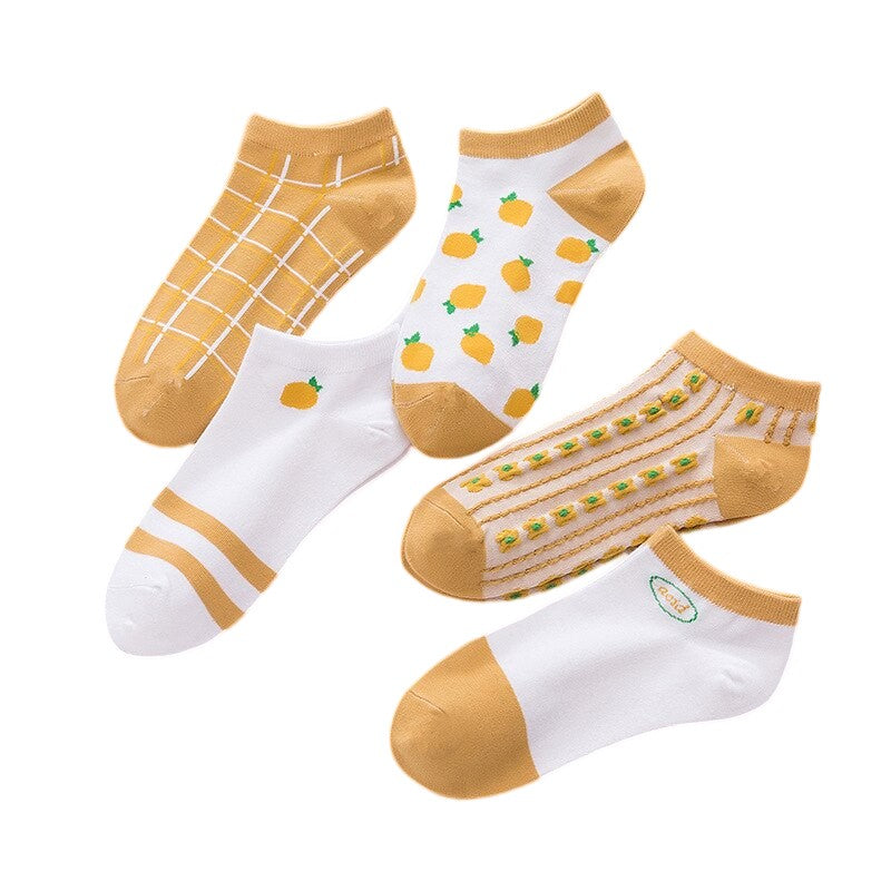 Anysox 5 Pairs One Size 5-9 Mix Lemon Liner Cotton And Spandex Comfortable Socks To Wear With Fruit Creative Design Brand Perfect for Women-Socks-PEROZ Accessories
