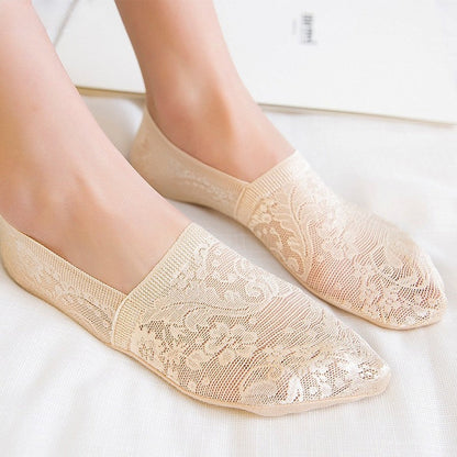 Anysox 5 Pairs Size 5-9 Fashion Socks Lace Flower Style Breathable Antiskid Invisible Ankle Socks for Women Beige-Socks-PEROZ Accessories