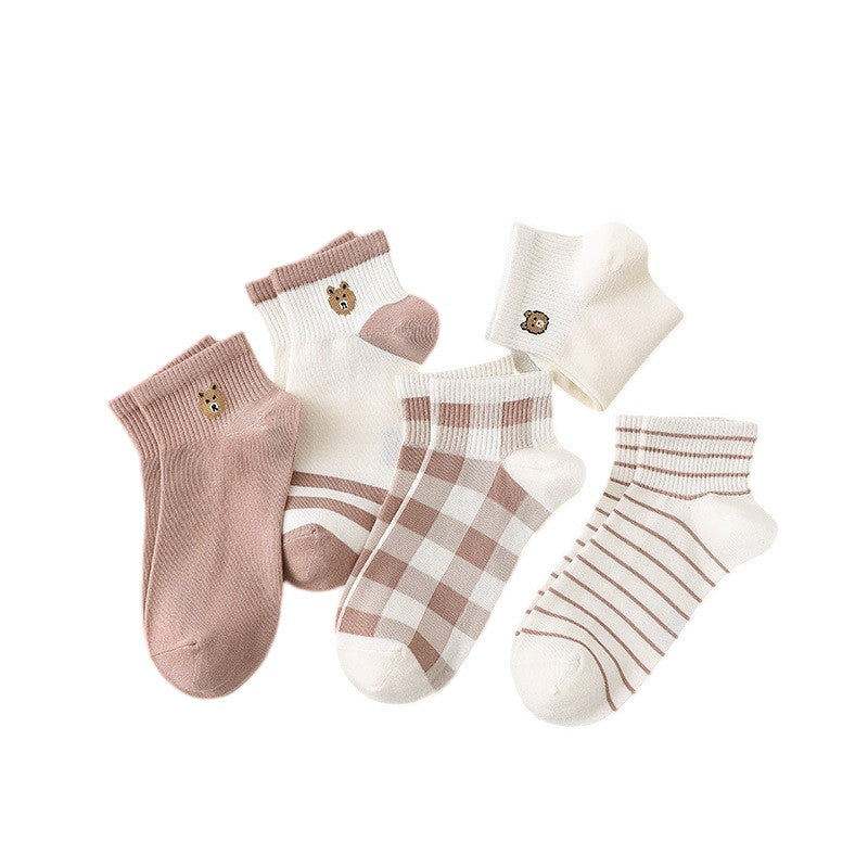 Anysox 5 Pairs Size 5-9 Fashion Socks Four Seasons Bear Cartoon Striped Checkered Solid Colors Comfortable Casual Ankle Socks for Women-Socks-PEROZ Accessories