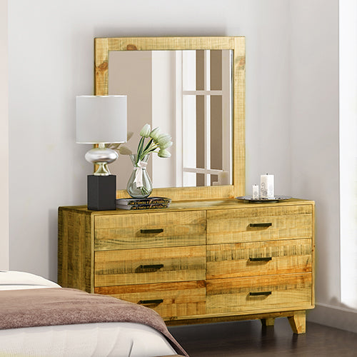 Dresser with 6 Storage Drawers in Solid Acacia With Mirror in Vintage Light Brown Colour-Furniture &gt; Bedroom-PEROZ Accessories