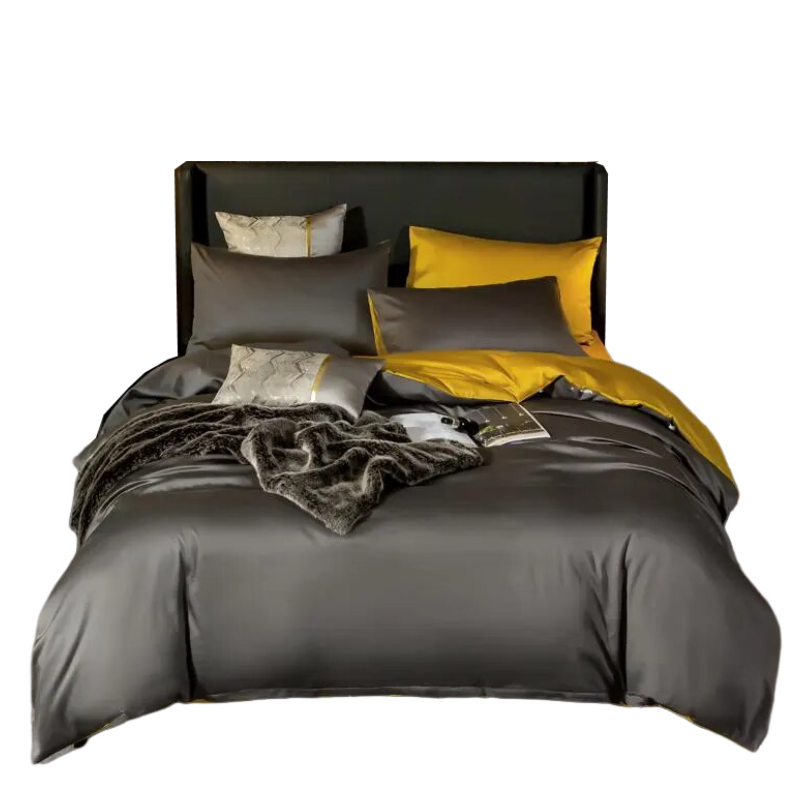 Anyhouz Bed Sheet Deep Grey Yellow Ultra Soft Luxury Egyptian Cotton Bedding Cover Full Size 6 Pcs Bed Set-Bed Sheets-PEROZ Accessories