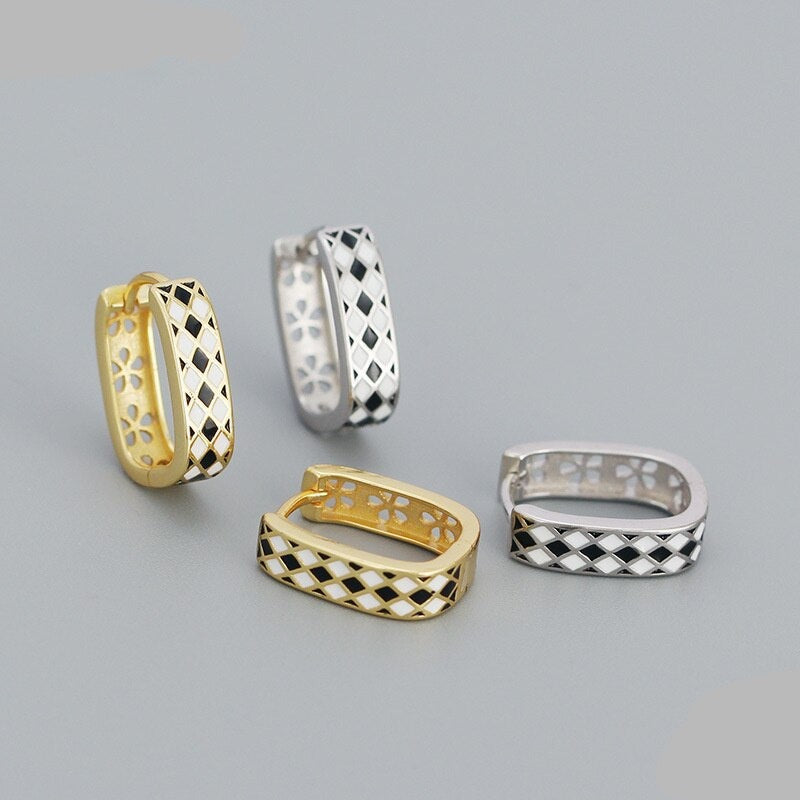 Anyco Hoop Fashion Earrings Statement Checkerboard Enamel Ear Buckle Women Charms Punk Party Jewelry Gold-Earrings-PEROZ Accessories