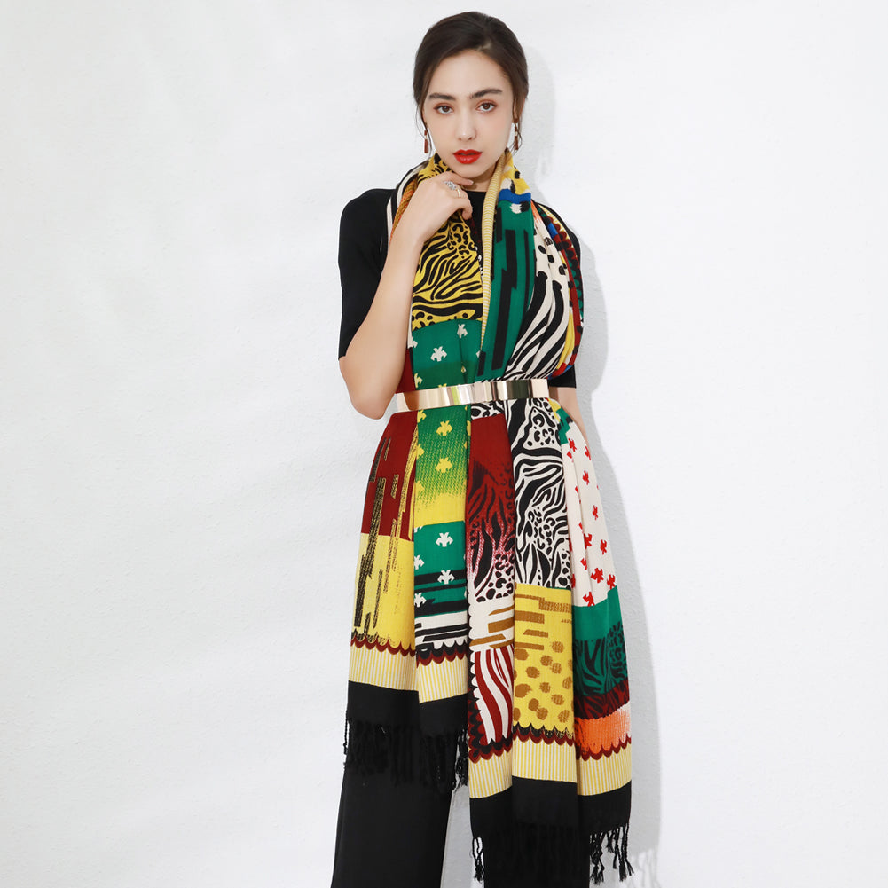 Anyyou 100% Merino Wool Yellow Multipattern Silk Satin Large Winter Scarf Pashmina Shawl Bandana Perfect For Women Ladies Fashion Style-Scarves-PEROZ Accessories