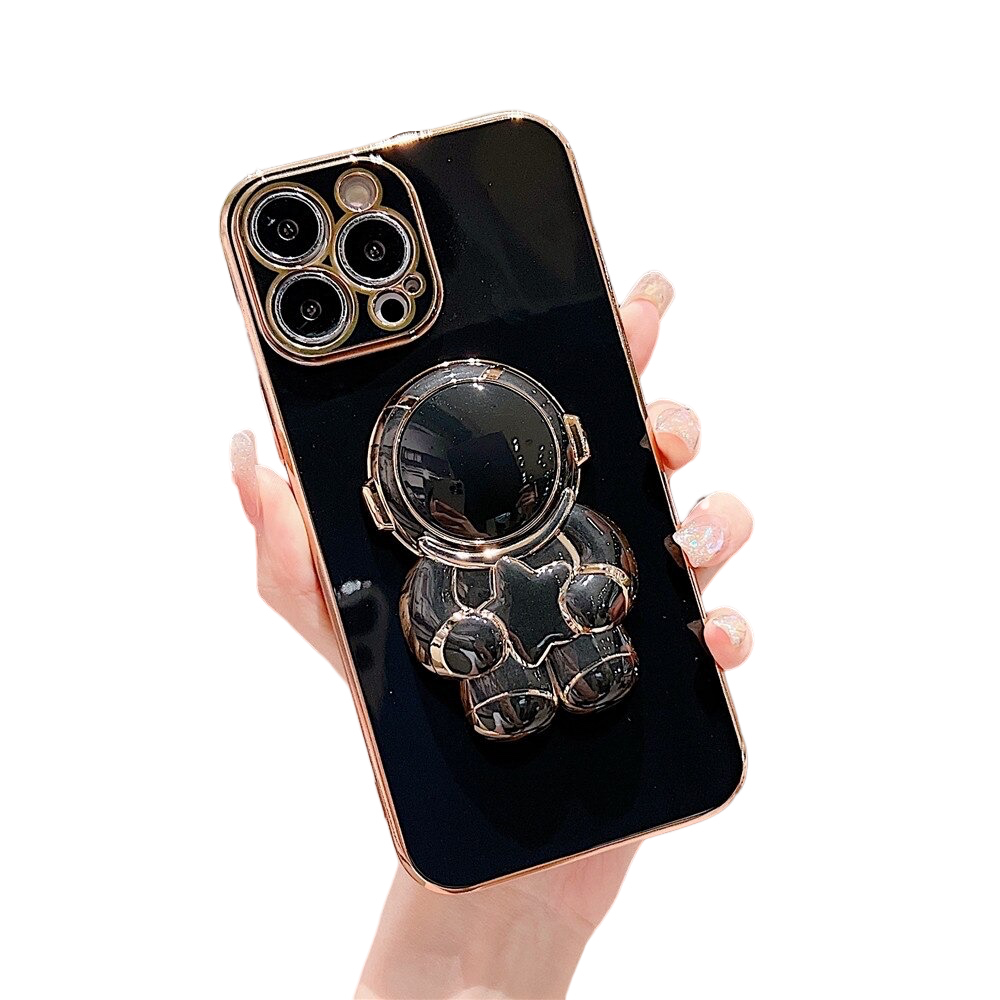 Anymob Astronaut iPhone Love Heart Holder Black Protection Electroplated Phone Case Soft Silicone Shockproof Stand Back Cover Compatible-Mobile Phone Cases-PEROZ Accessories
