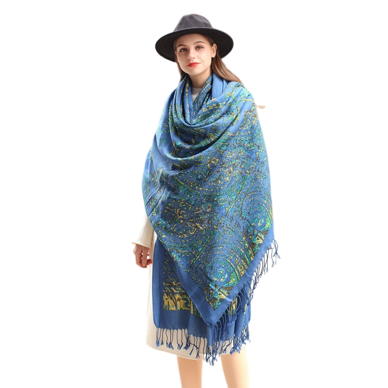 Anyyou 100% Merino Wool French Blue Silk Satin Large Winter Scarf Pashmina Shawl Bandana Perfect For Women Ladies Fashion Style-Scarves-PEROZ Accessories