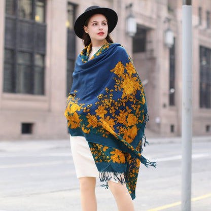 Anyyou 100% Merino Wool Yellow Blue Royal Silk Satin Large Winter Scarf Pashmina Shawl Bandana Perfect For Women Ladies Fashion Style-Scarves-PEROZ Accessories