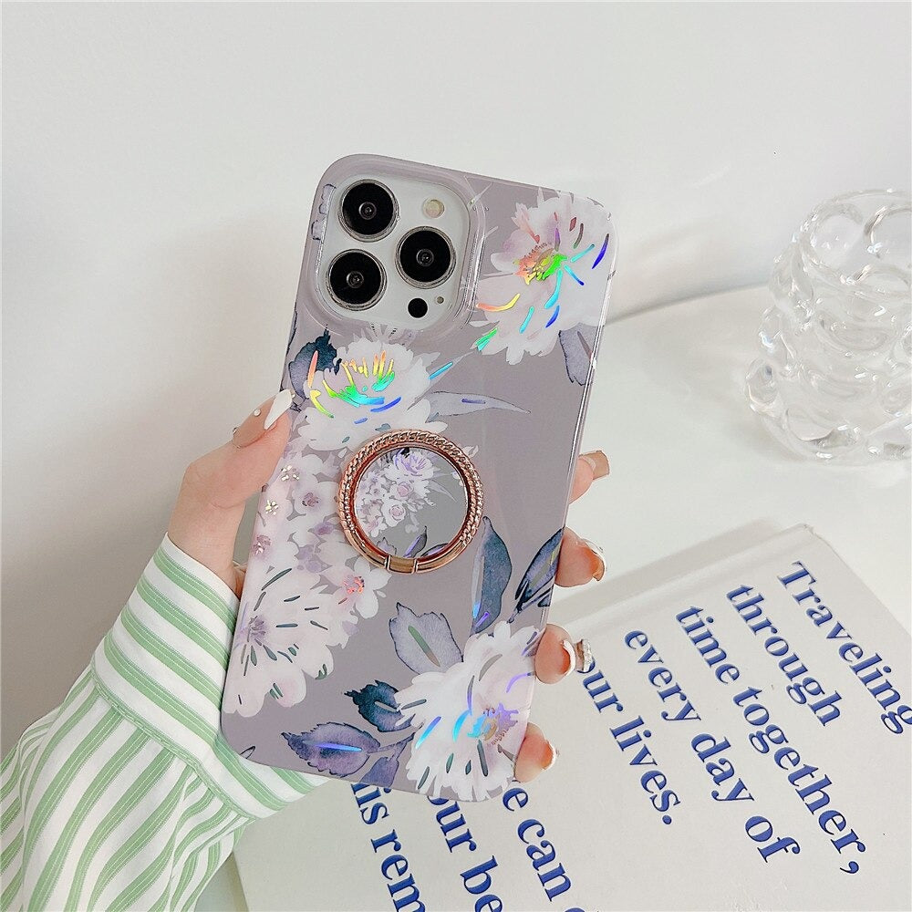 Anymob iPhone Case Gray Laser Retro Flowers with Ring Holder Soft Cover Compatible-Mobile Phone Cases-PEROZ Accessories