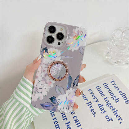 Anymob iPhone Case Gray Laser Retro Flowers with Ring Holder Soft Cover Compatible-Mobile Phone Cases-PEROZ Accessories