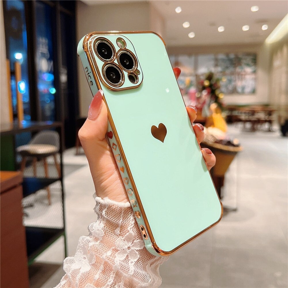 Anymob iPhone Case Green Love Heart Plating Lens Protection Shockproof Silicone Cover iPhone 12 11 Pro Max X XR XS Max 13 Pro Compatible-Mobile Phone Cases-PEROZ Accessories