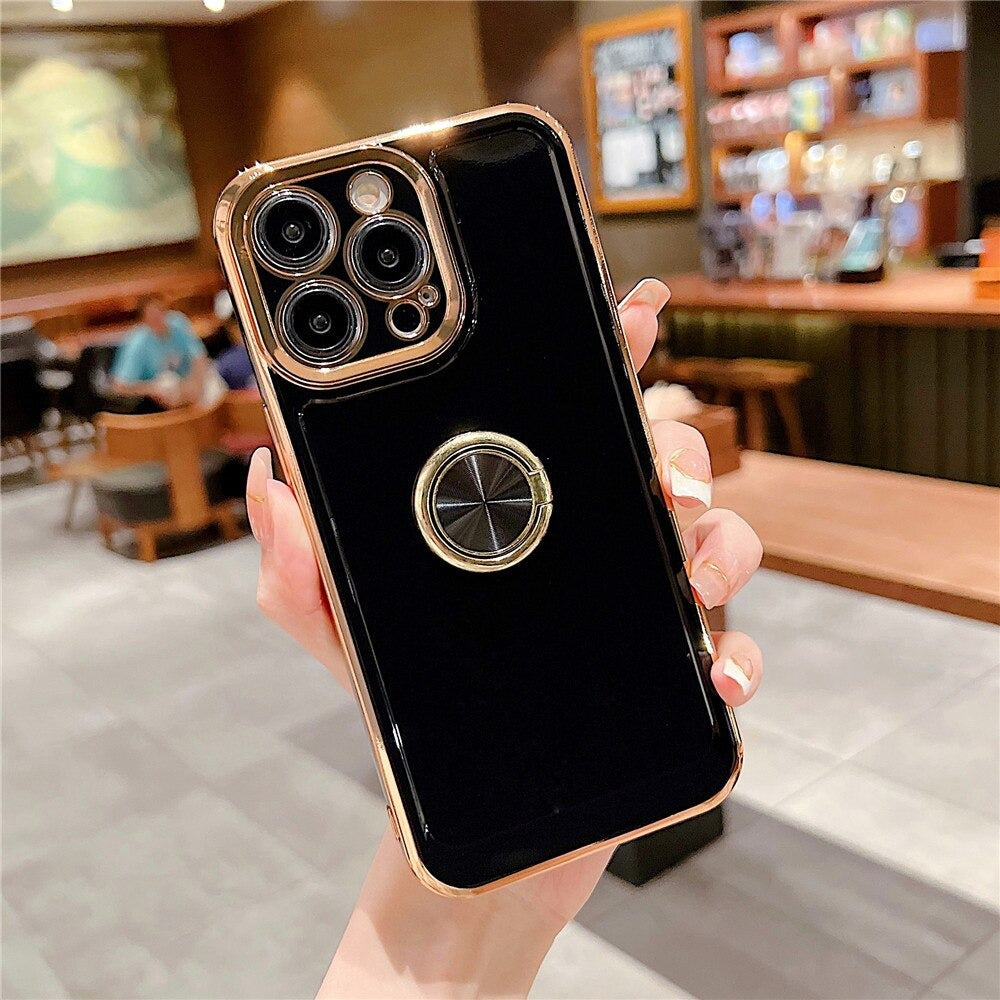 Anymob iPhone Case Black Ring Holder Stand Electroplating Side Heart Pattern Silicone Soft Phone Back Cover For iPhone-PEROZ Accessories