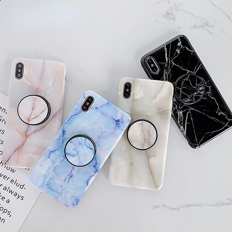 Anymob iPhone Pink Holder Stand Case Back Cover Marble Art Silicone Phone Cover-Mobile Phone Cases-PEROZ Accessories