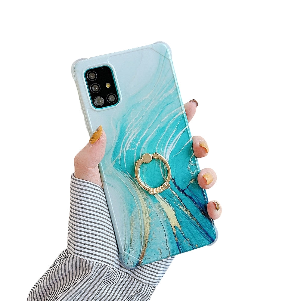 Anymob Samsung Gold And Ocean Green Marble Ring Holder Case Silicone Shockproof Cover-Mobile Phone Cases-PEROZ Accessories