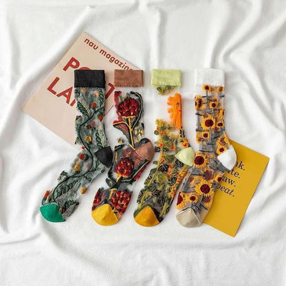 Anysox 5 Pairs Black Size 5-9 Sock Harajuku Crystal Silk Tide Socks With Flower Vines Comfortable To Wear Prefect For Women-Socks-PEROZ Accessories