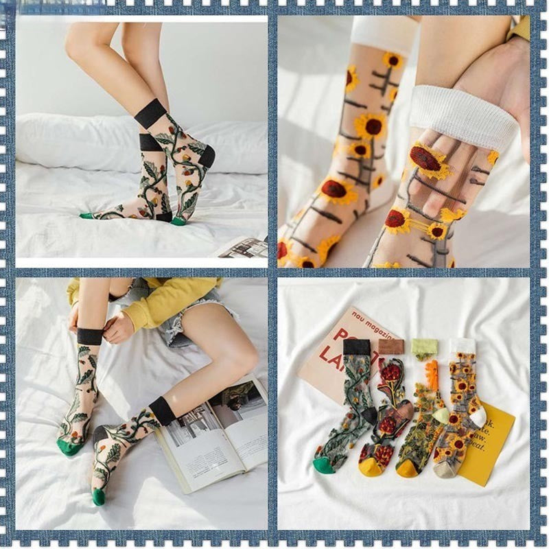 Anysox 5 Pairs Black Size 5-9 Sock Harajuku Crystal Silk Tide Socks With Flower Vines Comfortable To Wear Prefect For Women-Socks-PEROZ Accessories