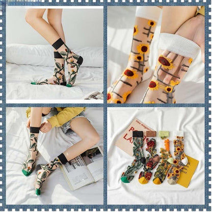 Anysox 5 Pairs Black Size 5-9 Sock Harajuku Crystal Silk Tide Socks With Flower Vines Comfortable To Wear Prefect For Women-Socks-PEROZ Accessories