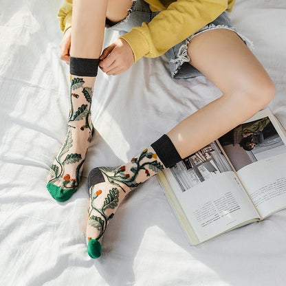 Anysox 5 Pairs Black Size 5-9 Sock Harajuku Crystal Silk Tide Socks With Flower Vines Comfortable To Wear Prefect For Women-Socks-PEROZ Accessories