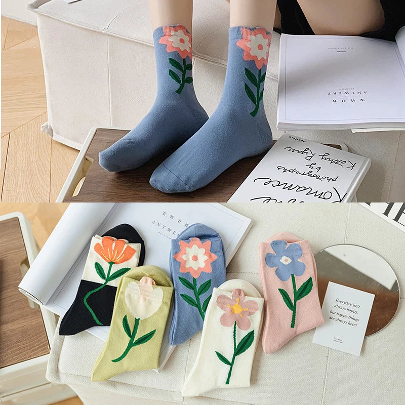 Anysox 5 Pairs One Size 5-8 White Carnation Style Cartoon Flower With Candy Color Kawaii Mid Tube Breathable Casual Short Socks For Women-Socks-PEROZ Accessories