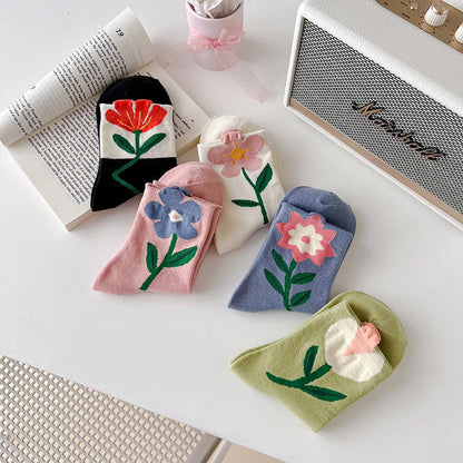 Anysox 5 Pairs One Size 5-8 White Carnation Style Cartoon Flower With Candy Color Kawaii Mid Tube Breathable Casual Short Socks For Women-Socks-PEROZ Accessories